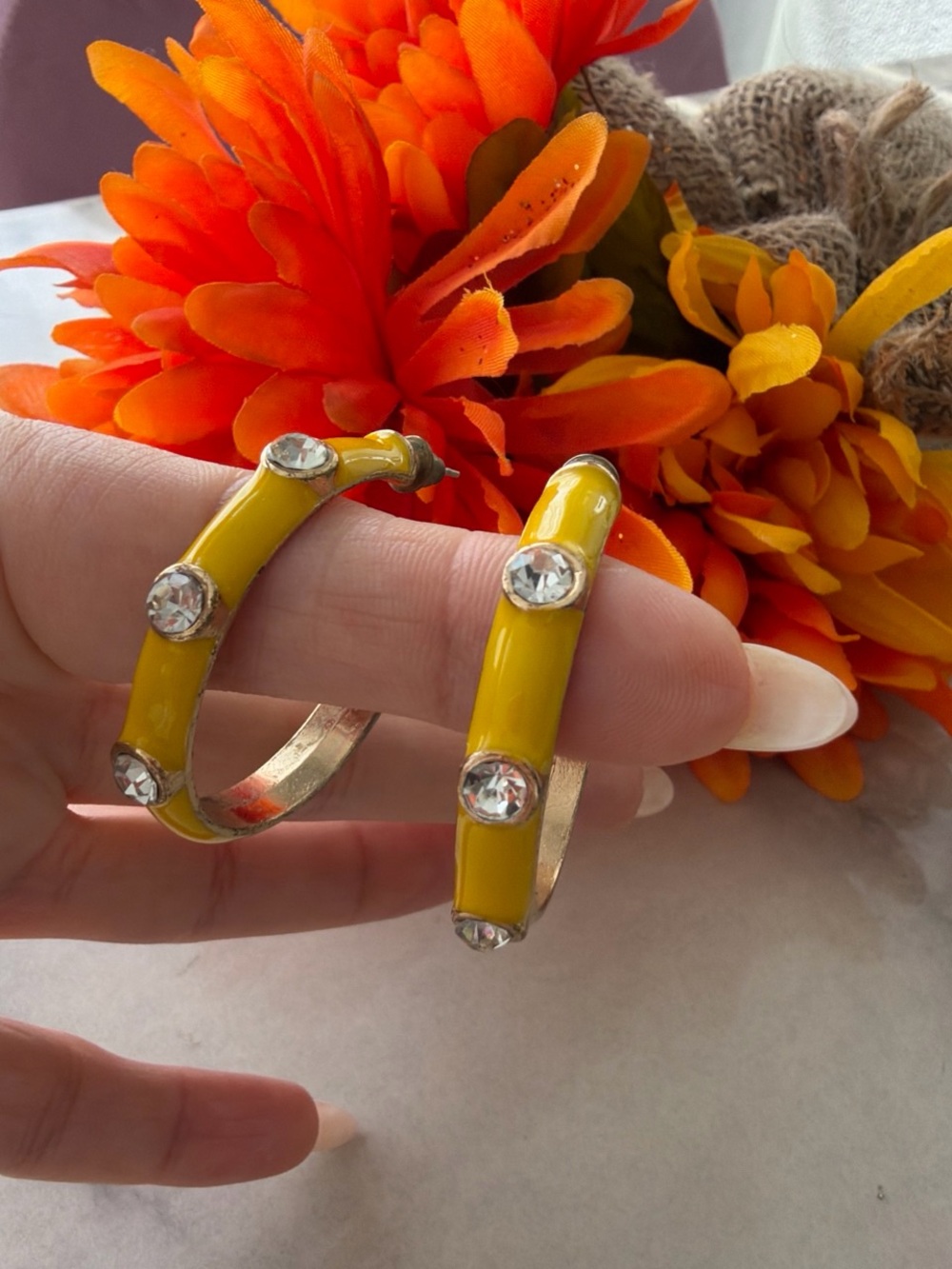 Forever 21 Yellow Enamel Hoop Earrings with Crystal Accents